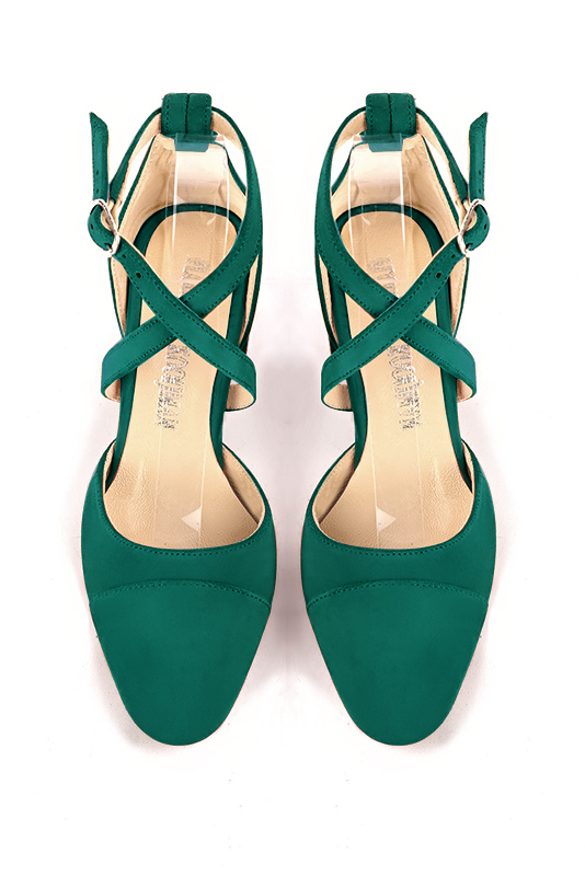 Emerald green women's open side shoes, with crossed straps. Round toe. Medium flare heels. Top view - Florence KOOIJMAN